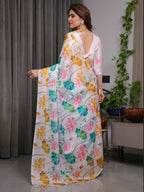 White Satin Georgette Lotus Floral Printed Saree with Attached Blouse – Elegant Watercolor Designer Saree for Festive & Graceful Occasions