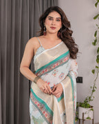 Ivory White Handloom Linen Saree with Royal Palace & Elephant Print | Gold Zari Border & Tassels | 5.5m Saree + 0.8m Blouse