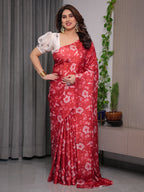 Red Satin Georgette Floral Printed Saree with Attached Blouse – Elegant Soft-Flow Designer Saree for Parties & Festive Wear