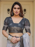 Charcoal Grey Handloom Cotton Printed Saree with Ethnic Geometric Pallu, Woven Border & Tassels – Classic Traditional Wear