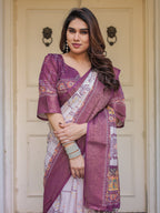 Wine Purple Handloom Cotton Printed Saree with Floral Panel Pallu, Ornamental Border & Tassels – Festive Ethnic Wear
