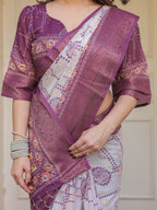 Wine Purple Handloom Cotton Printed Saree with Floral Panel Pallu, Ornamental Border & Tassels – Festive Ethnic Wear
