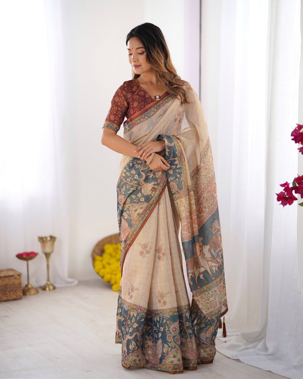 Beige Handloom Cotton Saree with Maroon Blouse and Multicolor Royal Procession Pallu