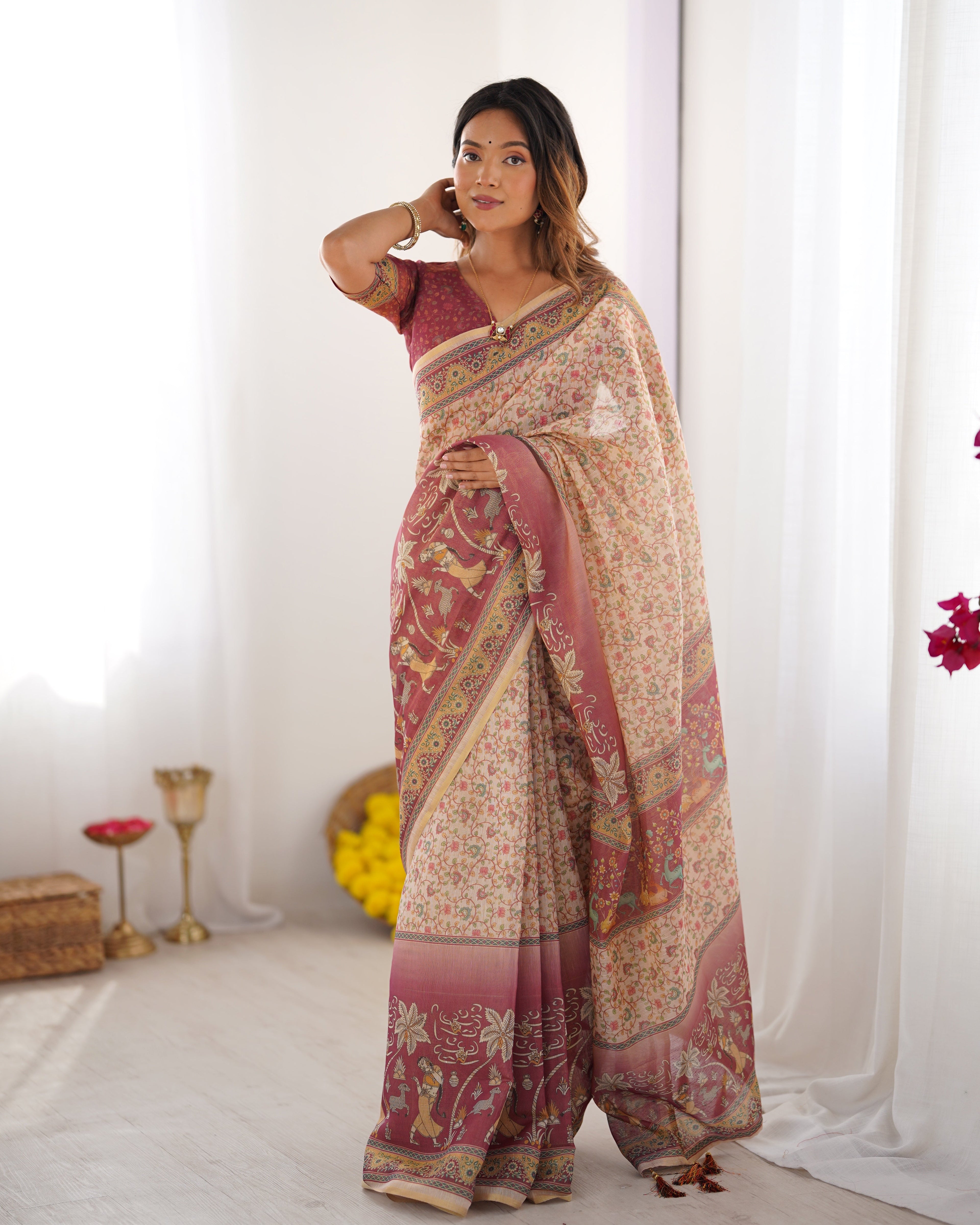 Beige & Mauve Handloom Cotton Saree with Floral Jaal, Peacock Motifs & Storytelling Pallu