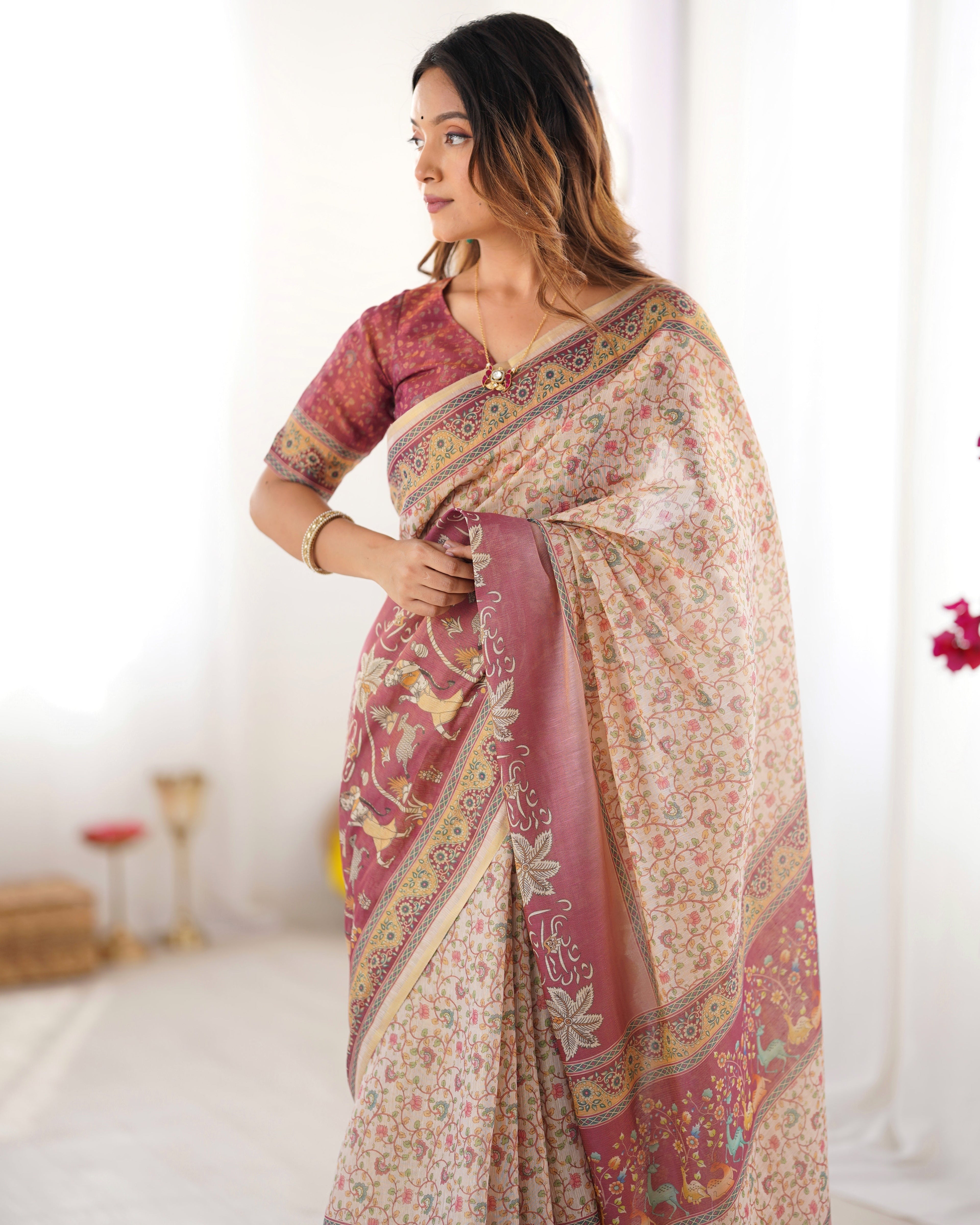 Beige & Mauve Handloom Cotton Saree with Floral Jaal, Peacock Motifs & Storytelling Pallu