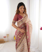 Beige & Mauve Handloom Cotton Saree with Floral Jaal, Peacock Motifs & Storytelling Pallu