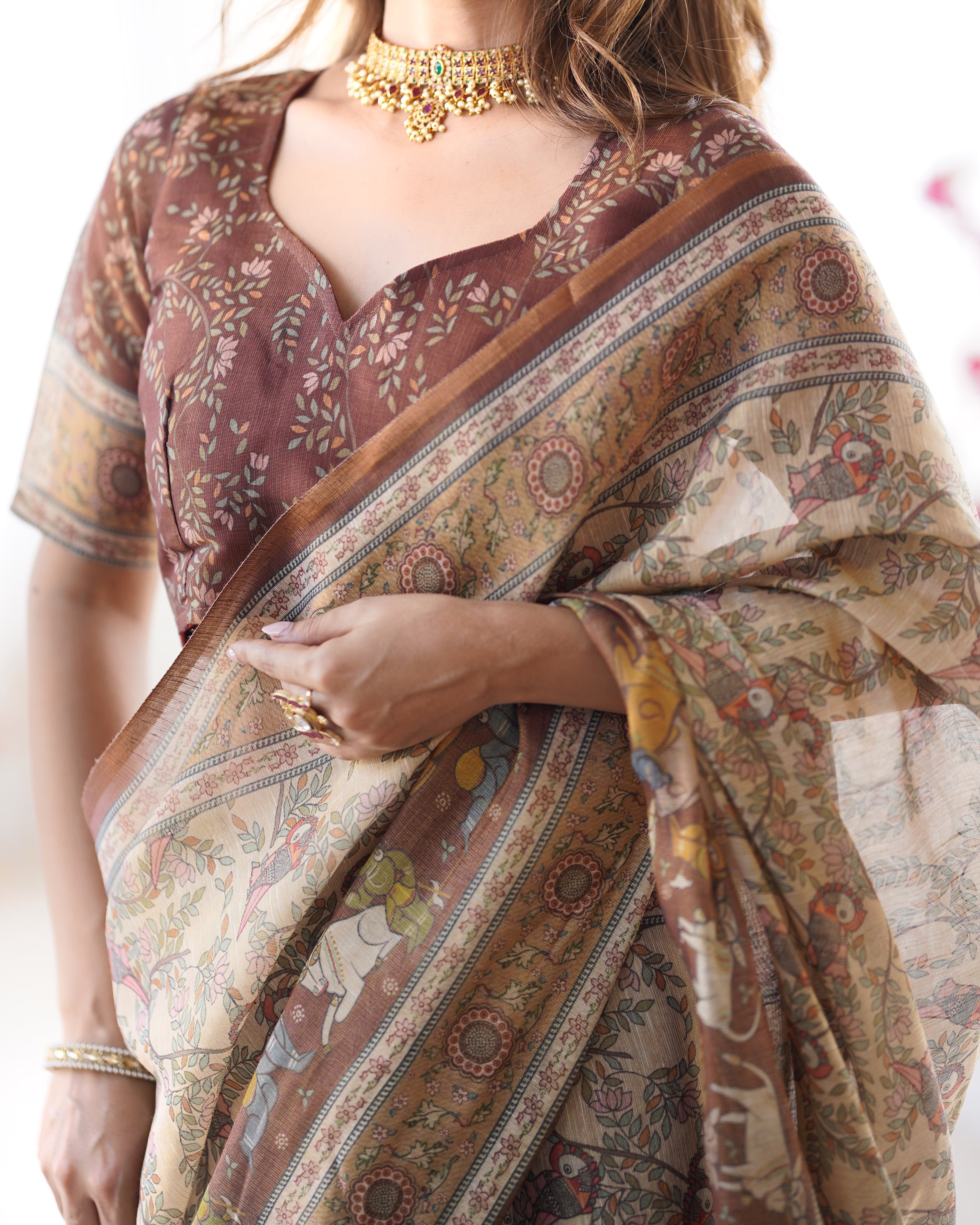 Beige & Brown Handloom Cotton Saree with Mythical Kalamkari Pallu and Elephant Motifs