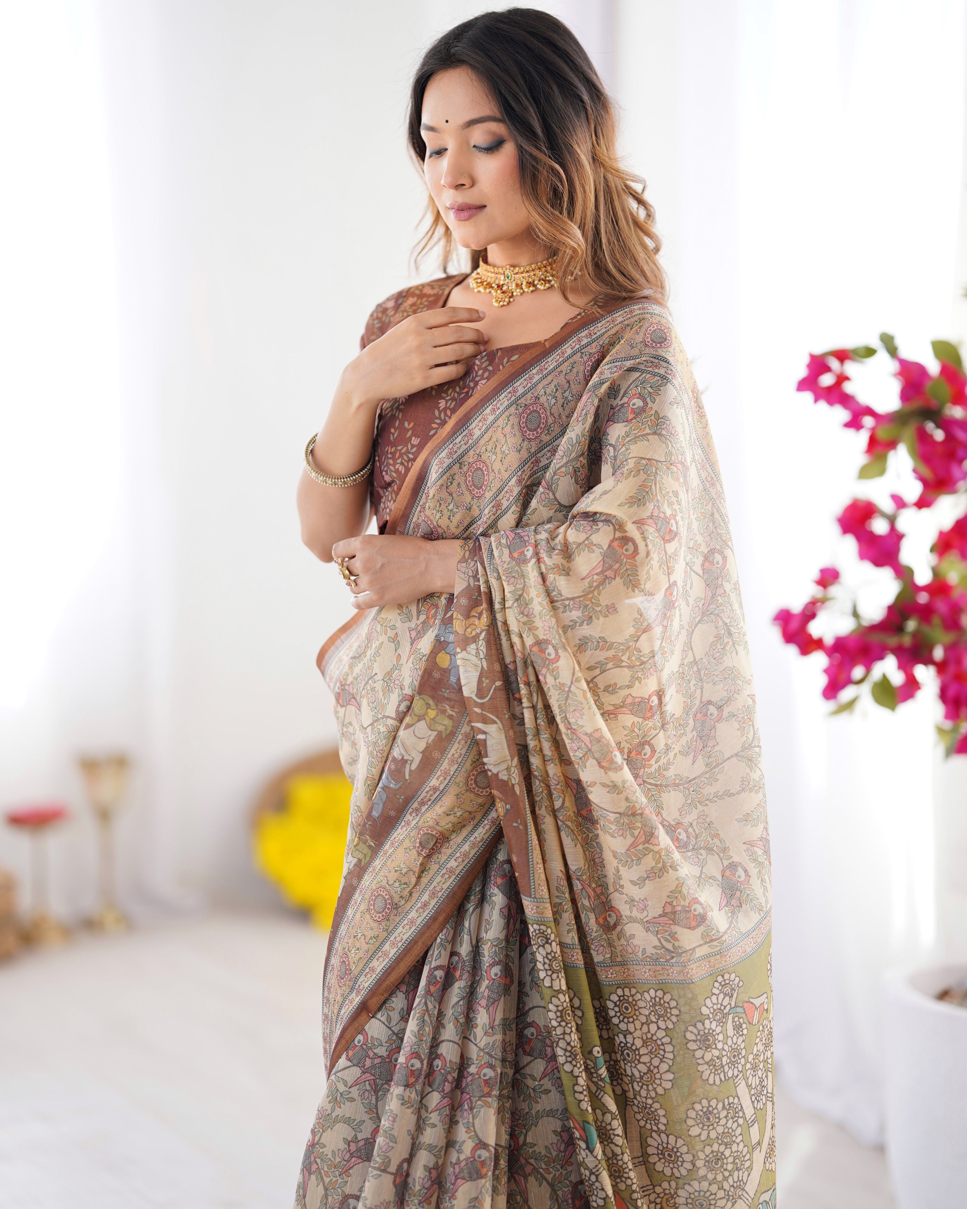 Beige & Brown Handloom Cotton Saree with Mythical Kalamkari Pallu and Elephant Motifs