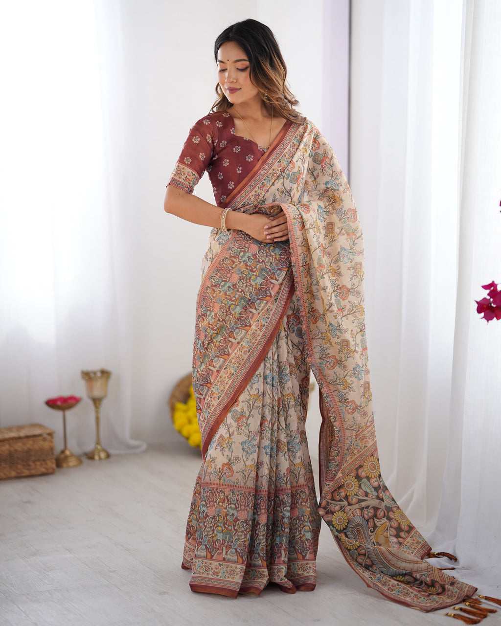 Beige & Maroon Handloom Cotton Saree with Multicolor Floral Print and Majestic Bird Art Pallu