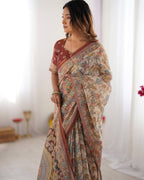 Beige & Maroon Handloom Cotton Saree with Multicolor Floral Print and Majestic Bird Art Pallu