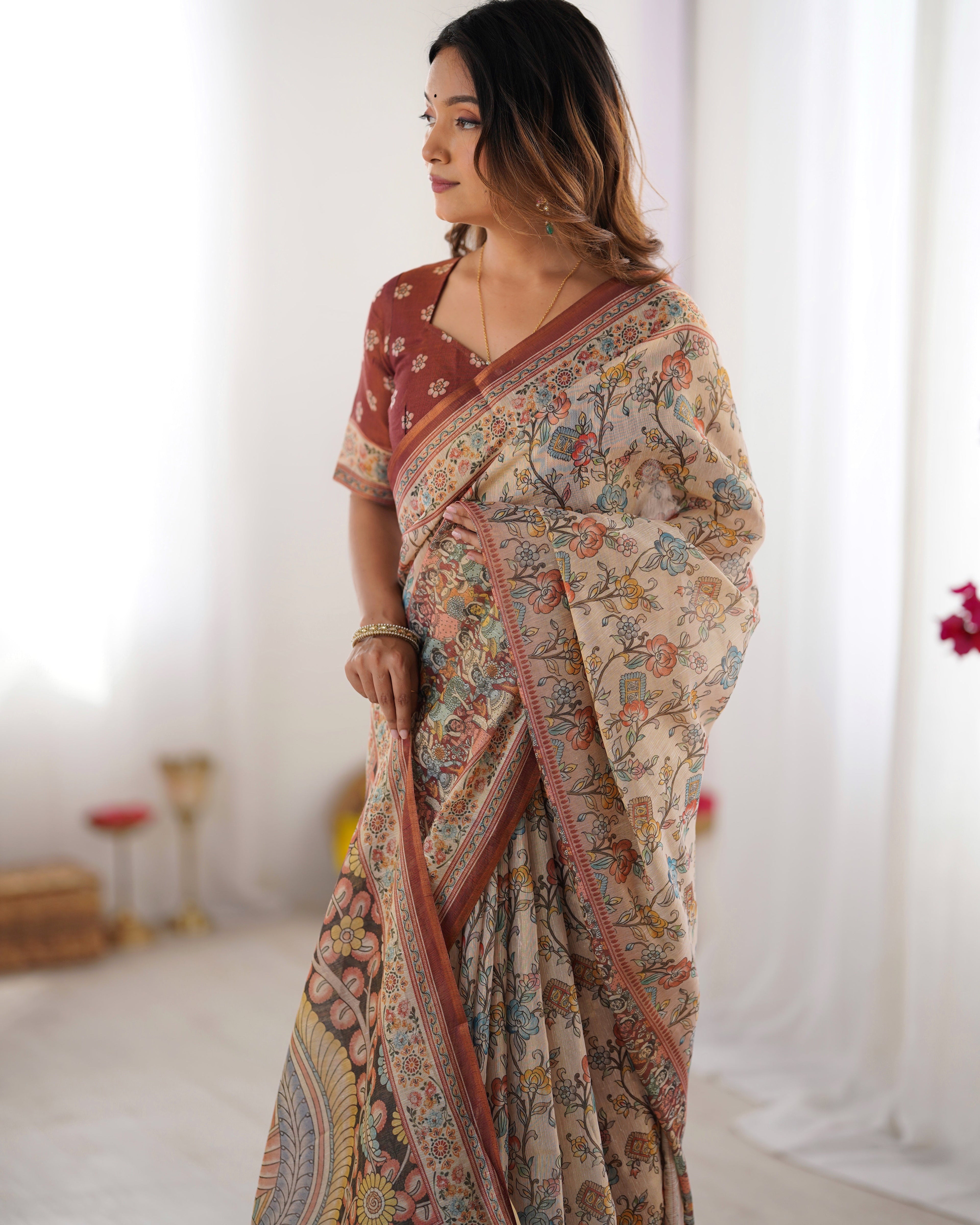 Beige & Maroon Handloom Cotton Saree with Multicolor Floral Print and Majestic Bird Art Pallu