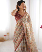 Beige & Maroon Handloom Cotton Saree with Multicolor Floral Print and Majestic Bird Art Pallu