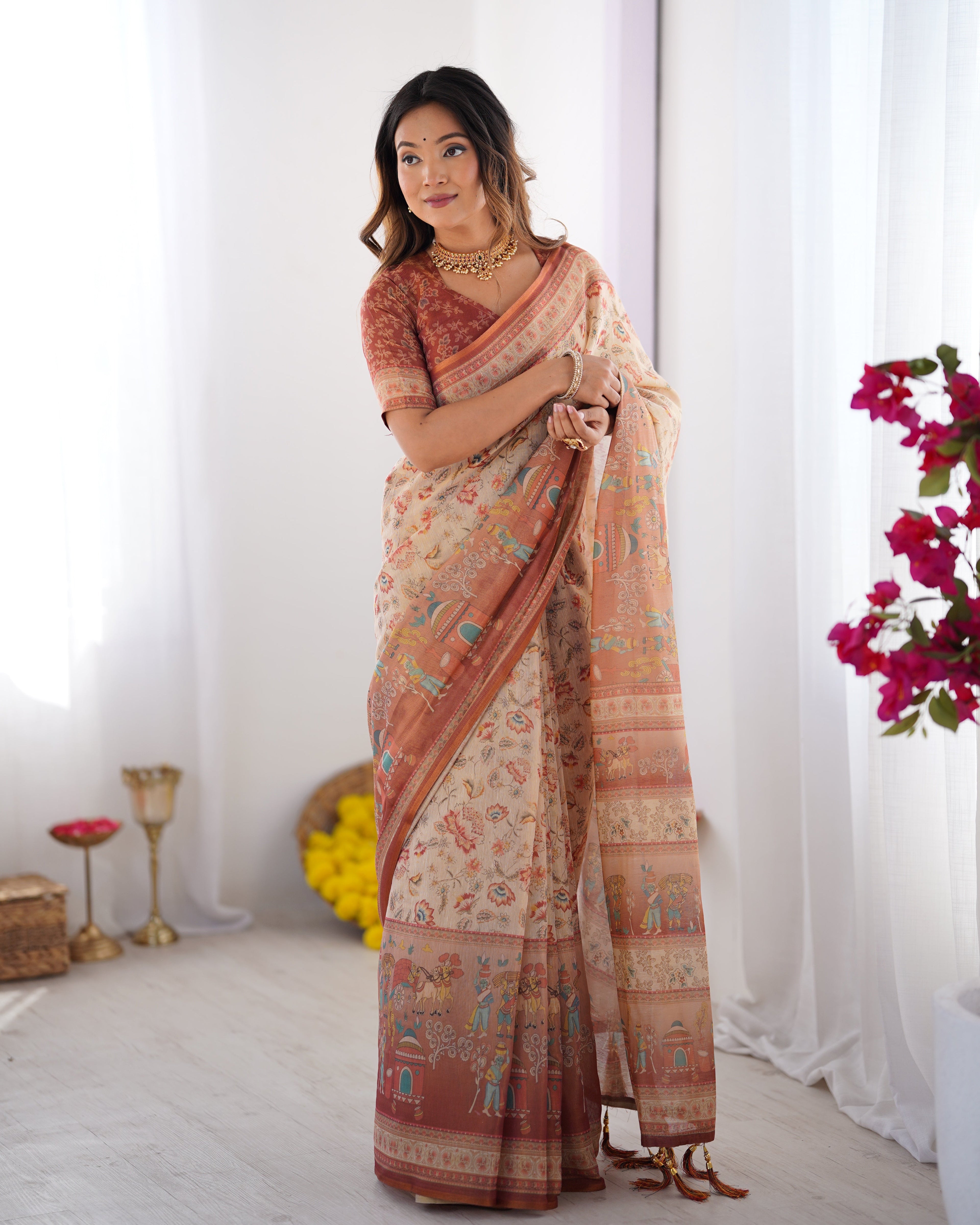 Ivory Handloom Cotton Saree with Maroon Borders, Floral Print & Royal Procession Pallu