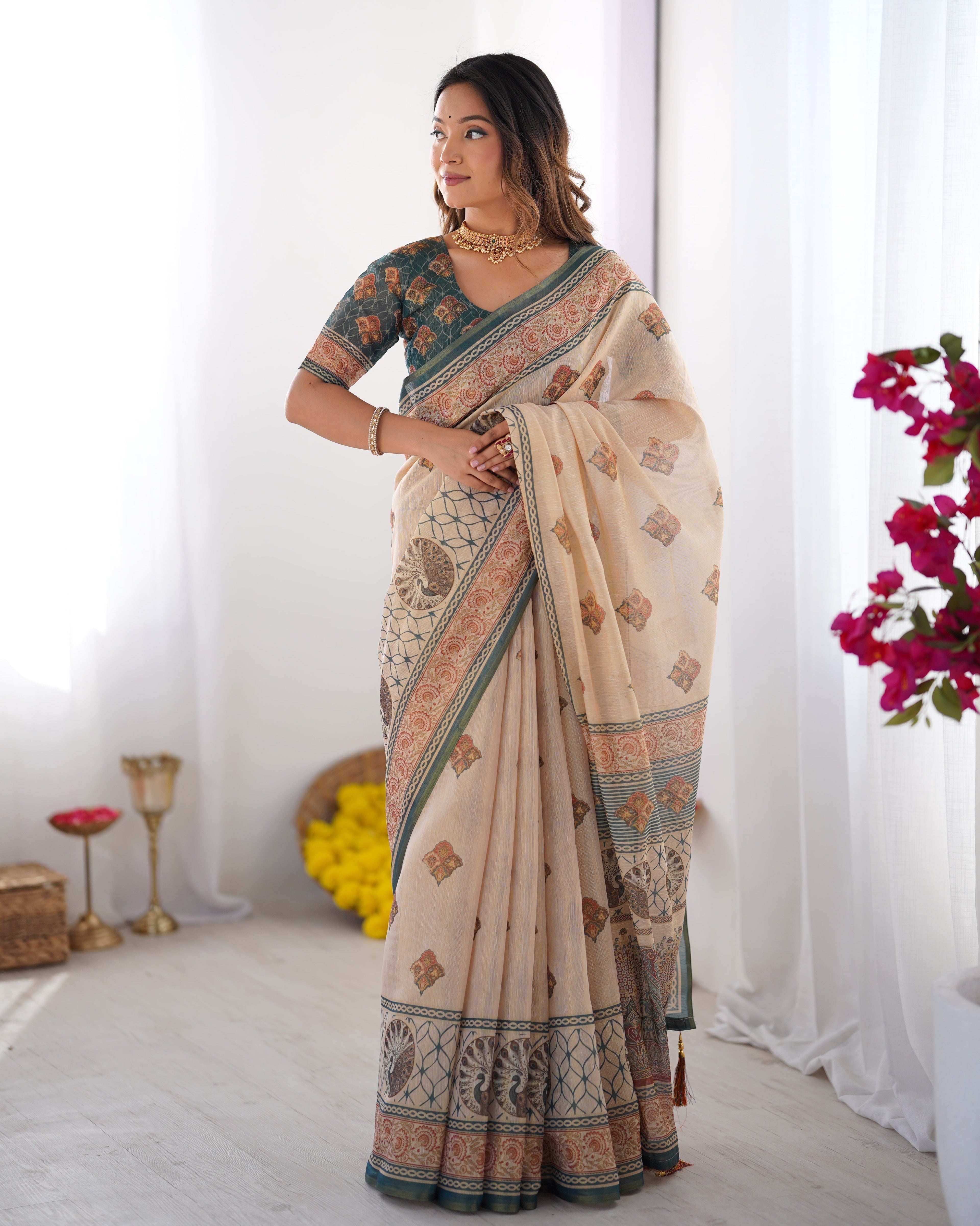 Ivory & Teal Handloom Cotton Saree with Buti Print, Mandala Motifs & Peacock Pallu