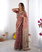 Rust Maroon Handloom Cotton Saree with Floral Jaal & Multicolor Mandala Pallu Art