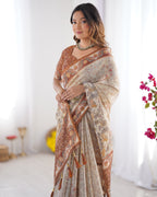 Elegant Beige & Brown Pure Linen Cotton Handloom Saree with Animal Motifs and Floral Prints