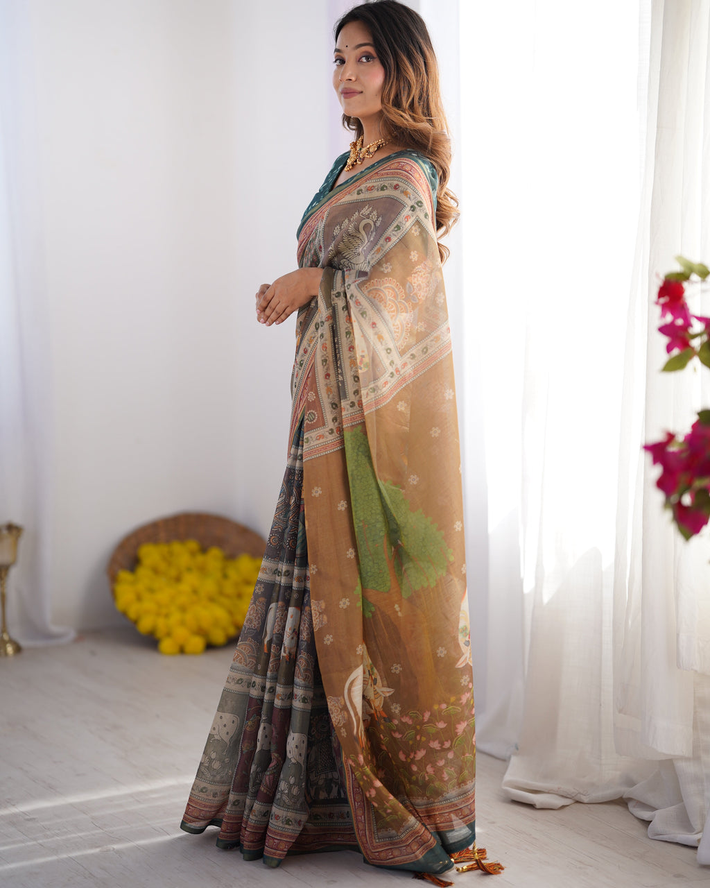 Teal Green & Brown Pure Linen Cotton Handloom Saree with Royal Cow & Tree Motif Pallu