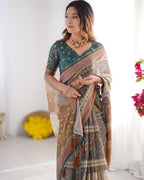 Teal Green & Brown Pure Linen Cotton Handloom Saree with Royal Cow & Tree Motif Pallu