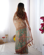 Beige & Green Handloom Cotton Saree with Village Life Print and Majestic Peacock Pallu