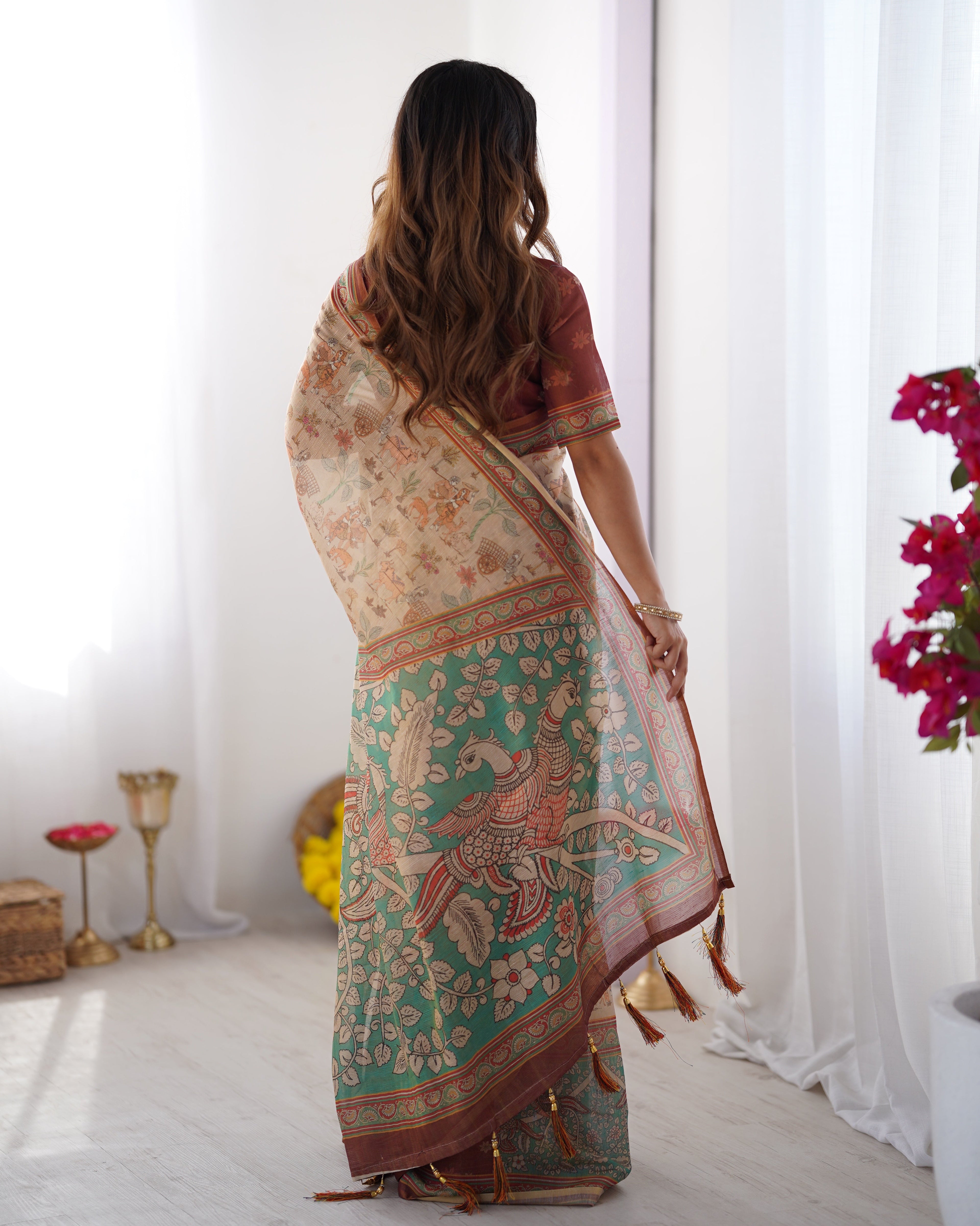 Beige & Green Handloom Cotton Saree with Village Life Print and Majestic Peacock Pallu