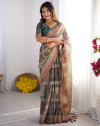 Teal Green & Brown Pure Linen Cotton Handloom Saree with Royal Cow & Tree Motif Pallu