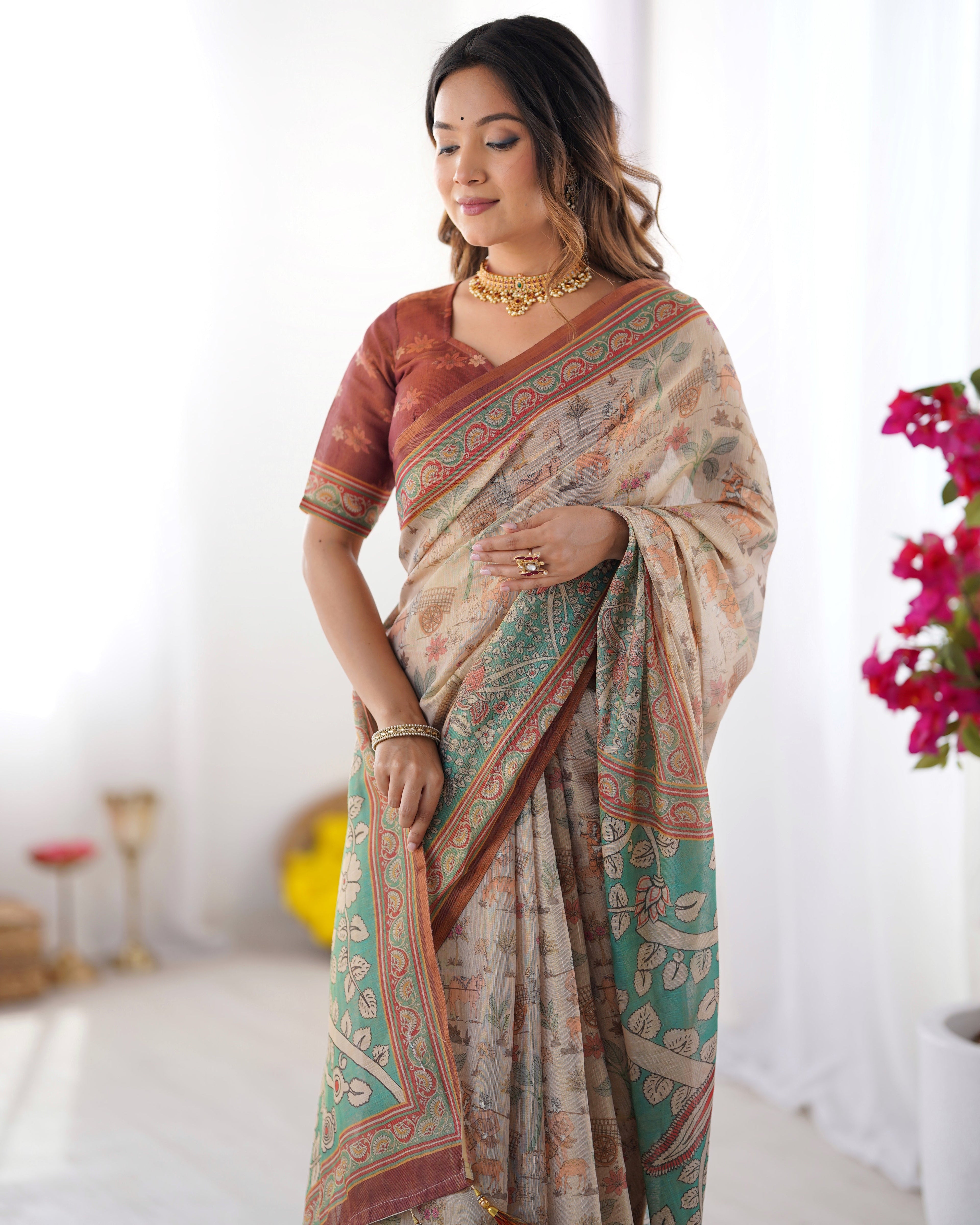 Beige & Green Handloom Cotton Saree with Village Life Print and Majestic Peacock Pallu
