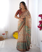 Beige & Green Handloom Cotton Saree with Village Life Print and Majestic Peacock Pallu