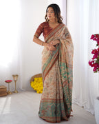 Beige & Green Handloom Cotton Saree with Village Life Print and Majestic Peacock Pallu