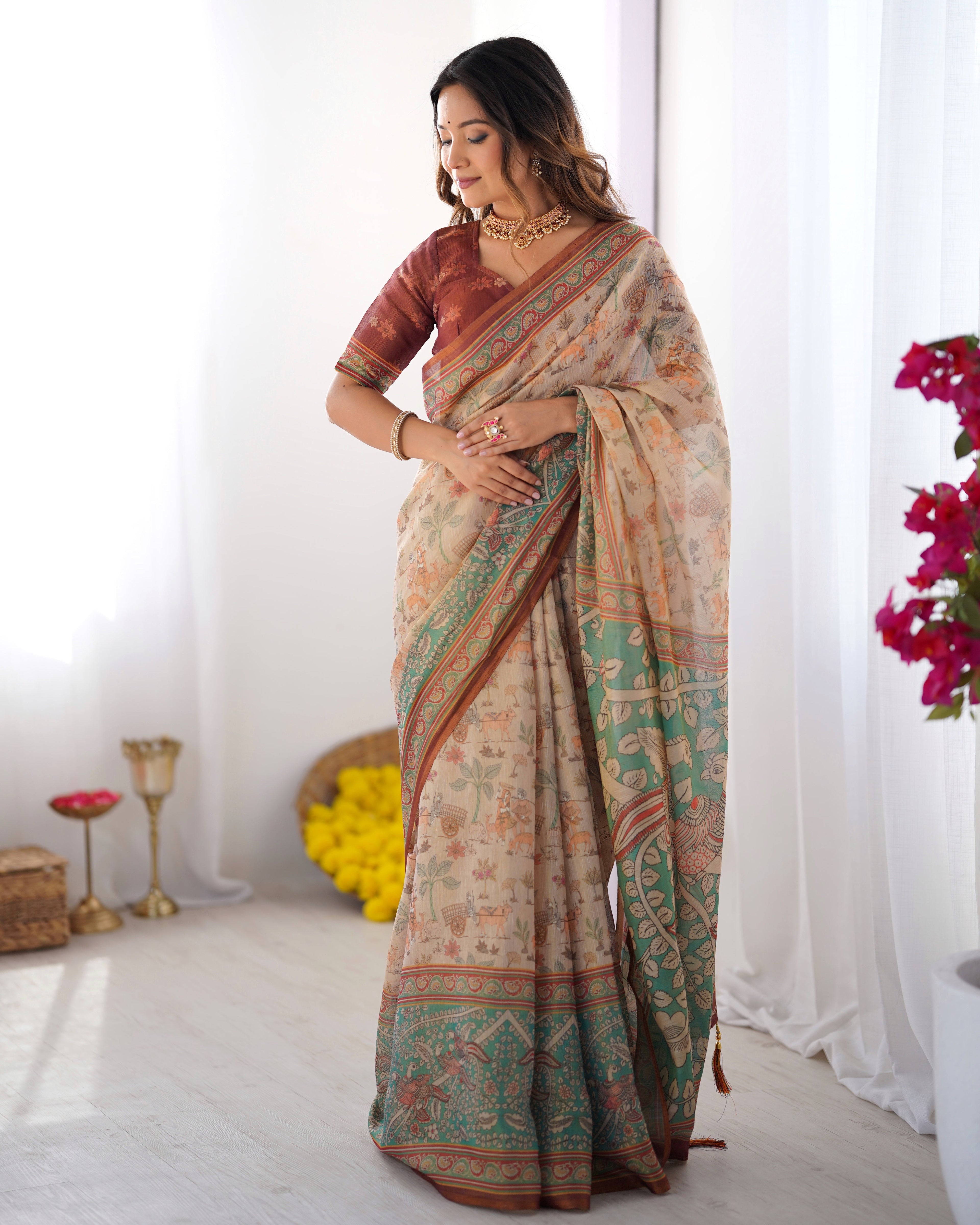 Beige & Green Handloom Cotton Saree with Village Life Print and Majestic Peacock Pallu