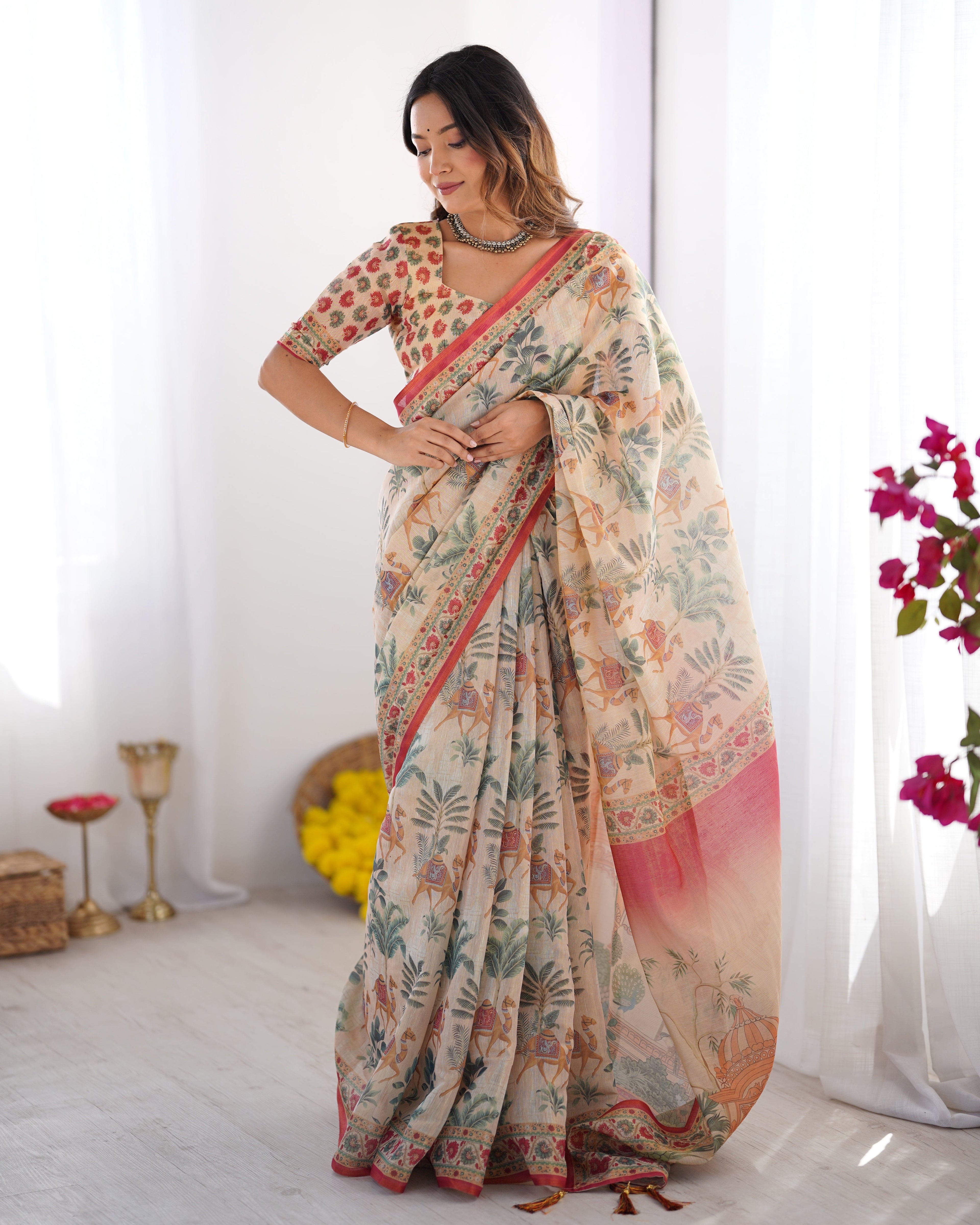 Beige & Red Handloom Linen Cotton Saree with Camel Caravan & Palace Artwork