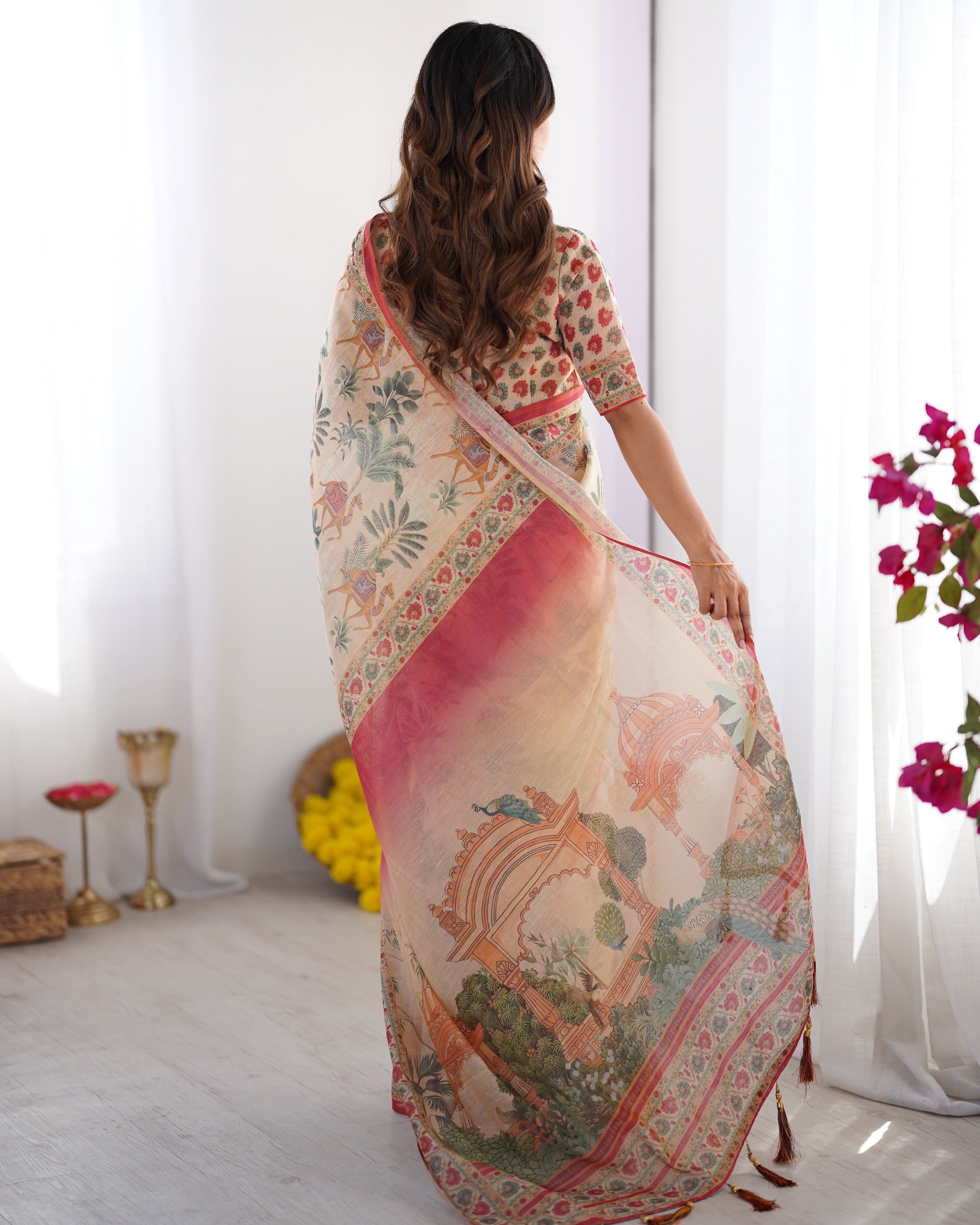 Beige & Red Handloom Linen Cotton Saree with Camel Caravan & Palace Artwork