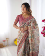 Cream & Pink Handloom Cotton Saree with Pastel Floral Print and Ornamental Tree Pallu