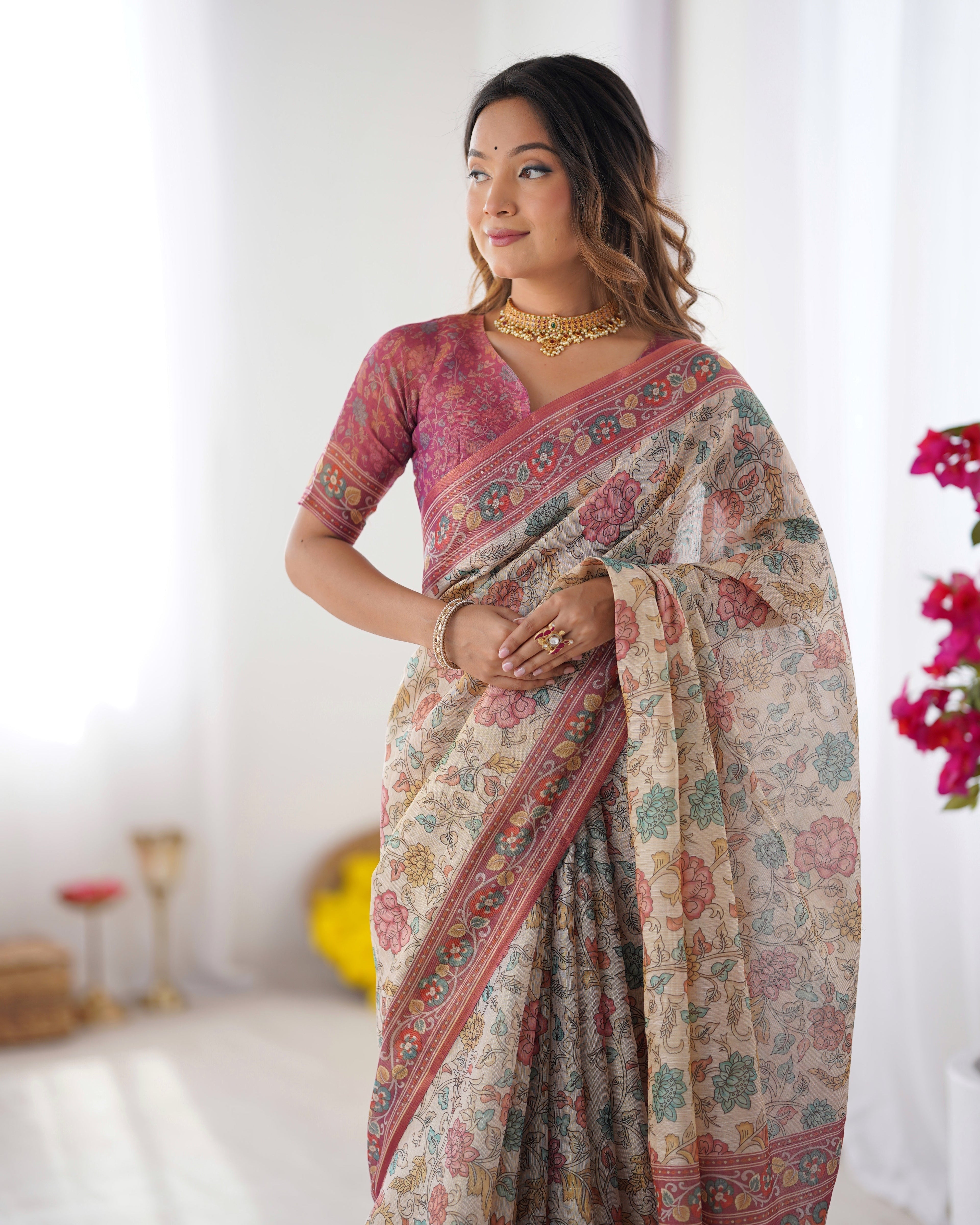 Cream & Pink Handloom Cotton Saree with Pastel Floral Print and Ornamental Tree Pallu