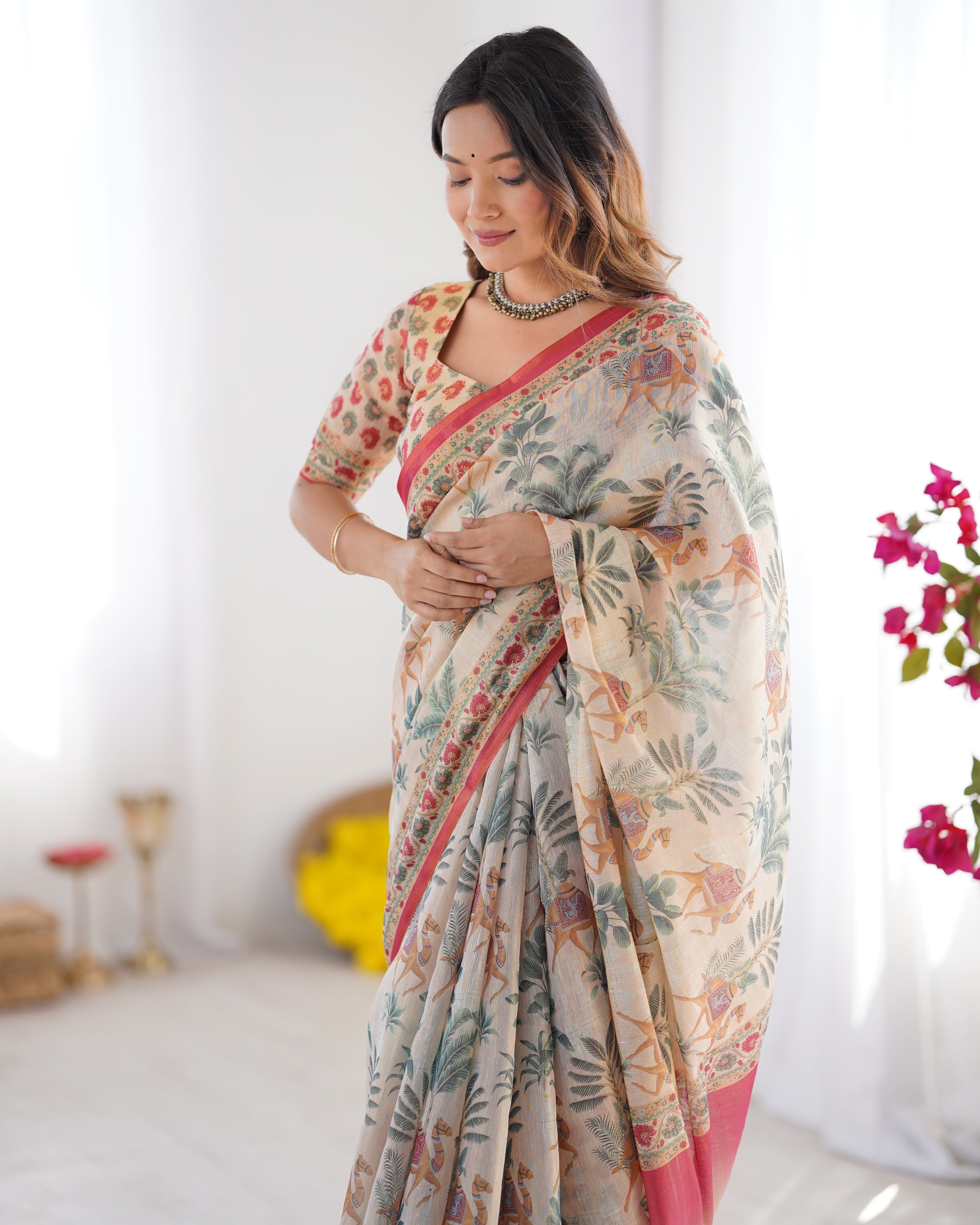 Beige & Red Handloom Linen Cotton Saree with Camel Caravan & Palace Artwork