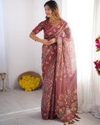 Maroon Pure Linen Cotton Handloom Saree with Elephant & Floral Folk Art