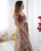 Beige & Maroon Handloom Cotton Saree with Royal Faces & Elephant Pallu Motif