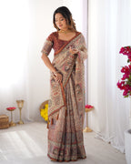 Beige & Maroon Handloom Cotton Saree with Royal Faces & Elephant Pallu Motif
