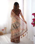 Beige & Maroon Handloom Cotton Saree with Royal Faces & Elephant Pallu Motif