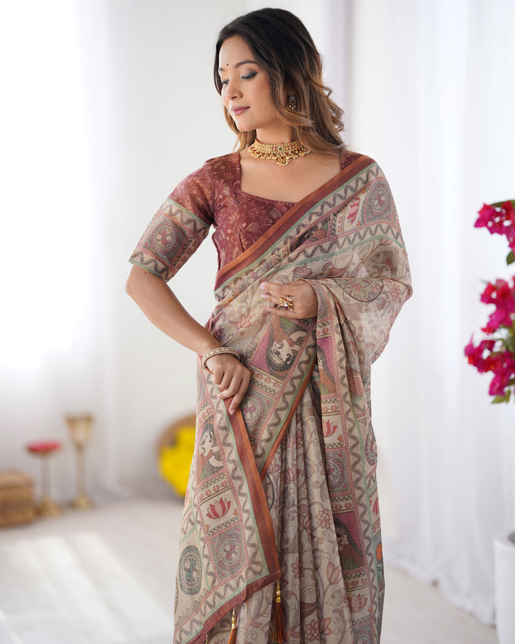 Beige & Maroon Handloom Cotton Saree with Royal Faces & Elephant Pallu Motif