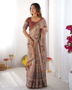 Beige & Maroon Handloom Cotton Saree with Royal Faces & Elephant Pallu Motif