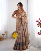 Beige & Rust Pure Linen Cotton Saree with Folk Animal Motif & Floral Print
