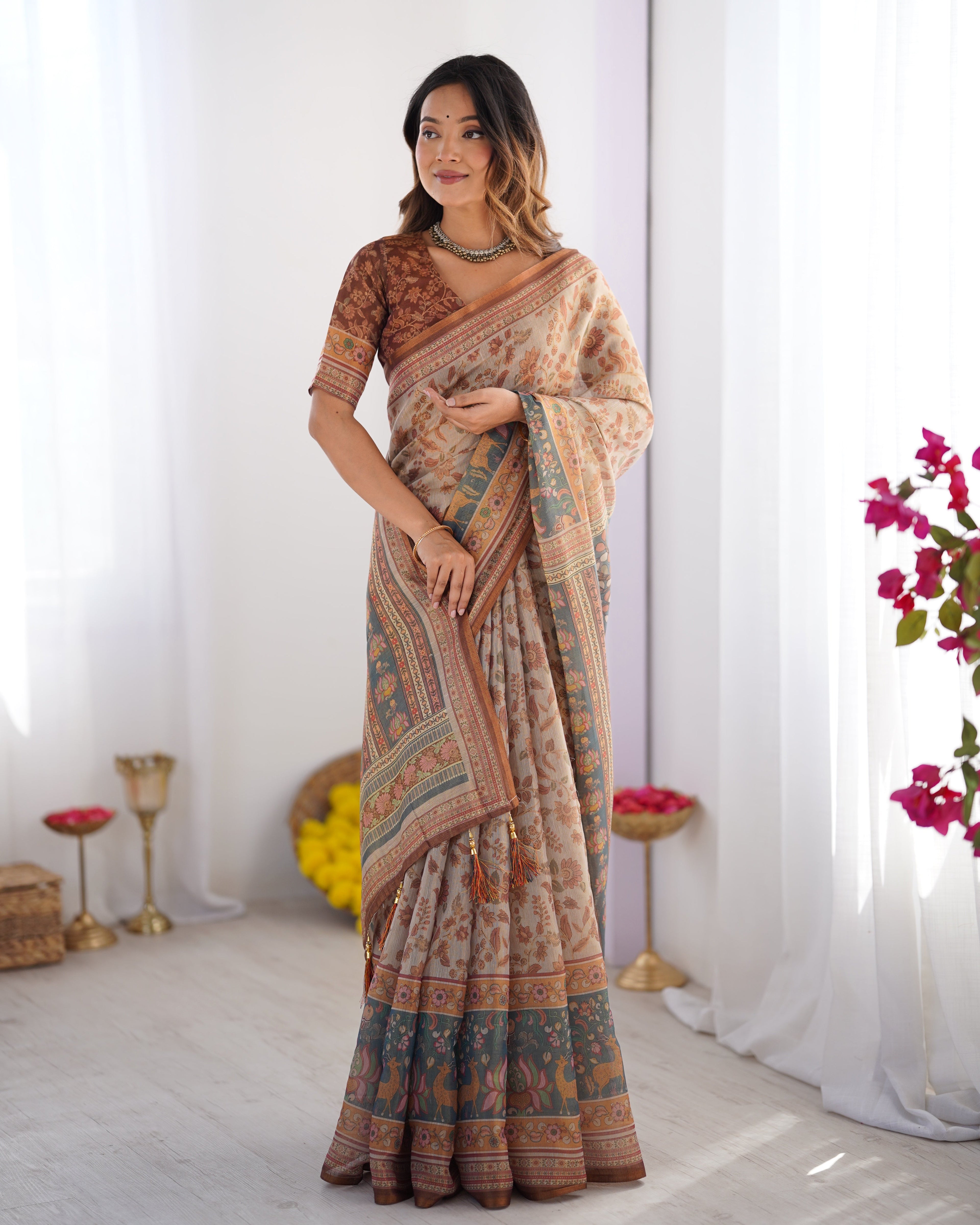 Beige & Rust Pure Linen Cotton Saree with Folk Animal Motif & Floral Print