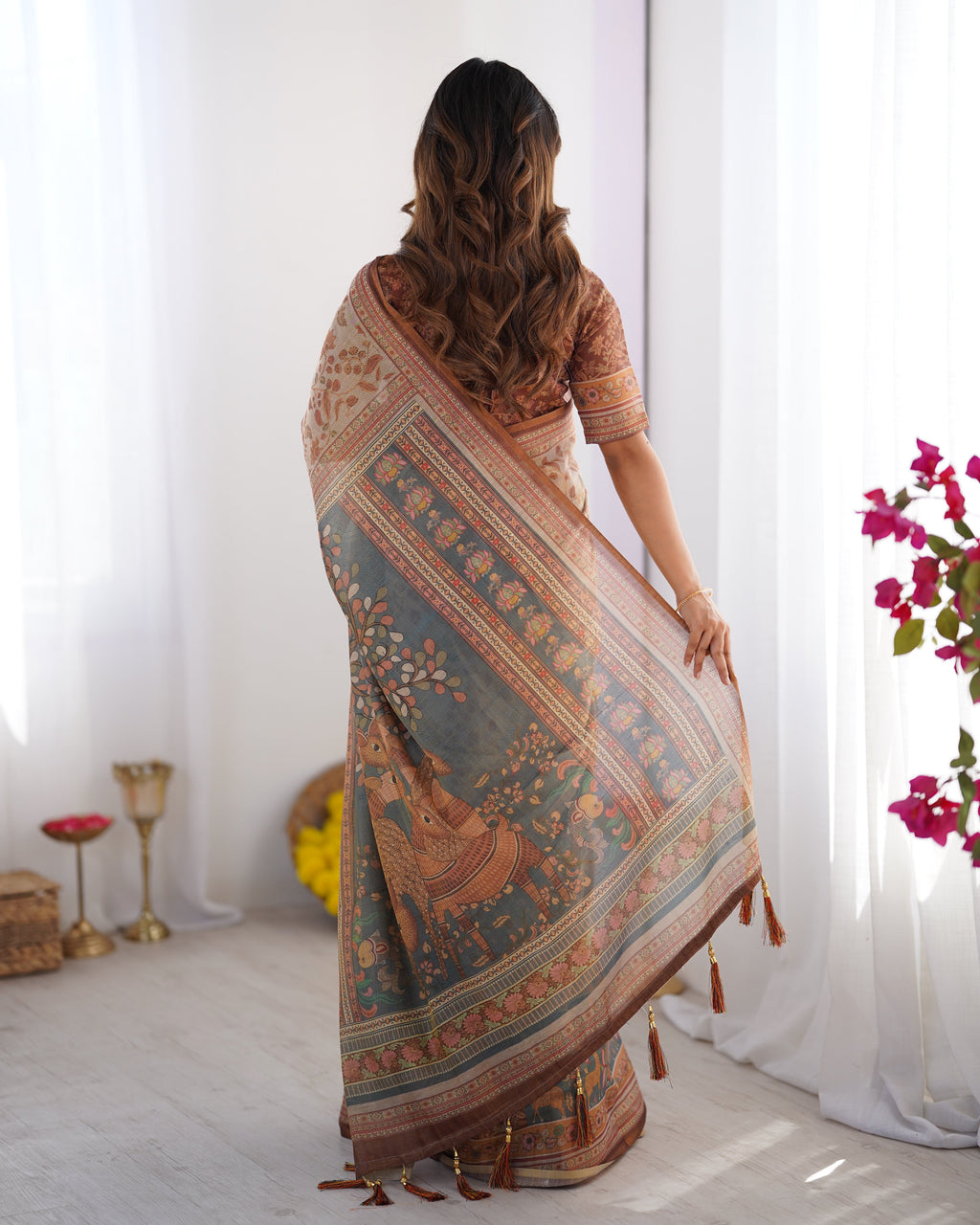 Beige & Rust Pure Linen Cotton Saree with Folk Animal Motif & Floral Print