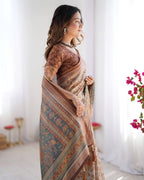 Beige & Rust Pure Linen Cotton Saree with Folk Animal Motif & Floral Print