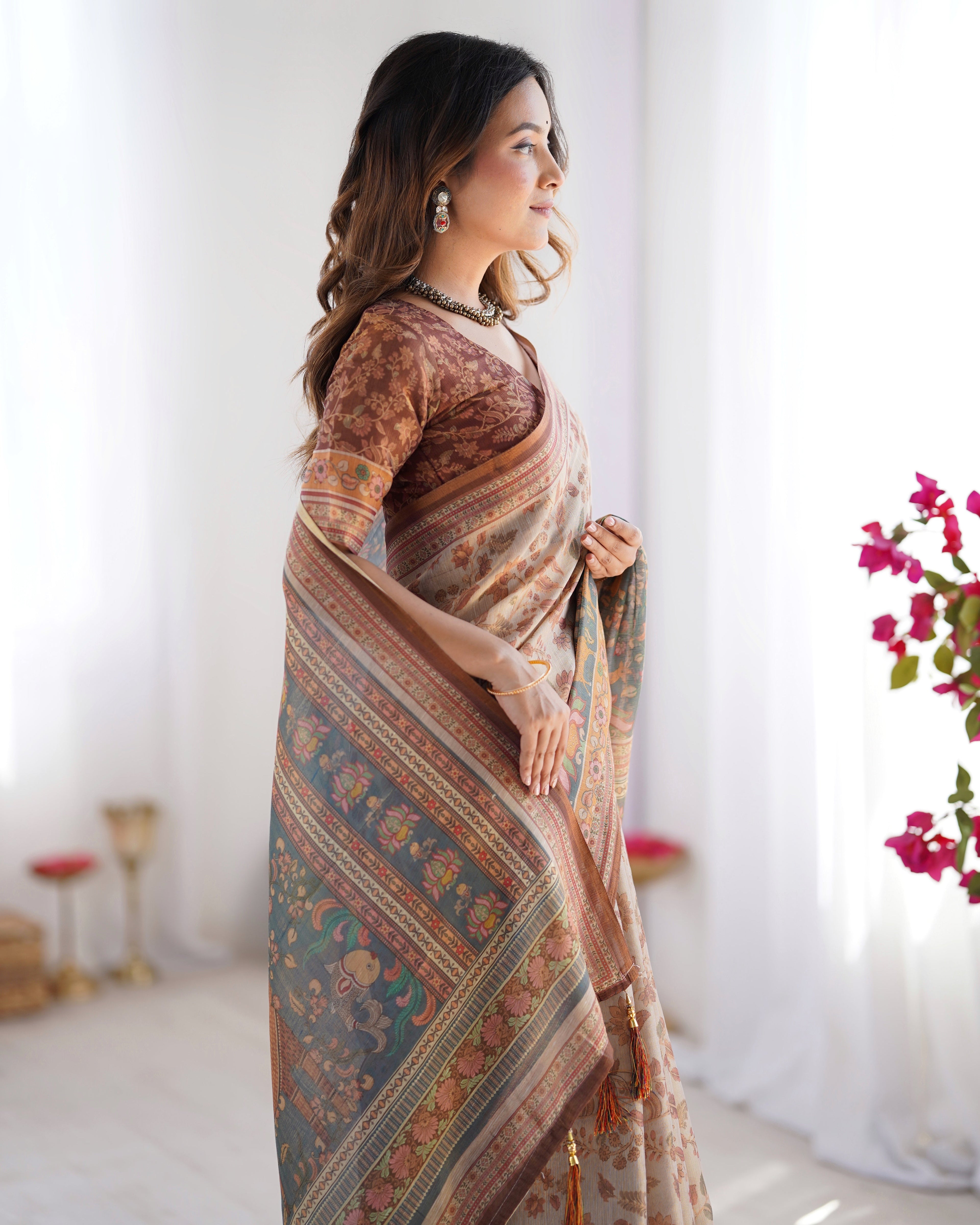 Beige & Rust Pure Linen Cotton Saree with Folk Animal Motif & Floral Print