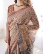 Beige & Rust Pure Linen Cotton Saree with Folk Animal Motif & Floral Print
