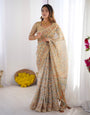Handloom Linen Cotton Printed Saree with Mythical Animal Art Pallu – Soft Cream with Terracotta & Teal Accents