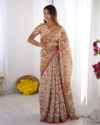 Cream Pink Handloom Linen Cotton Printed Saree with Folk Art Bird Motif Pallu
