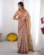 Cream Pink Handloom Linen Cotton Printed Saree with Folk Art Bird Motif Pallu