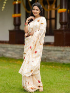 Onam Special Kerala Theme Mul Cotton Saree with Printed Motifs & Tassels | Traditional Off-White Festival Saree with Running Blouse